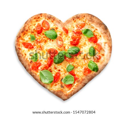 Tasty heart-shaped pizza on white background