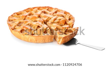 Tasty homemade apple pie and spatula on white background