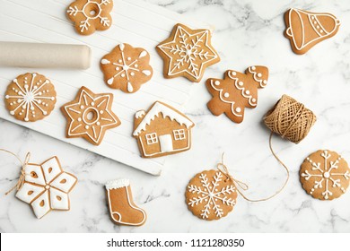 Tasty Homemade Christmas Cookies On Marble Table, Top View