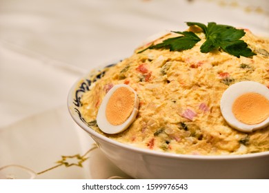 Tasty Homemade Czech Bramborovy Salat - Potato Salad - Traditional Christmas Side Dish In Bowl With Eggs On Cloth. With Copy Space