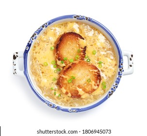 Tasty Homemade French Onion Soup Isolated On White, Top View