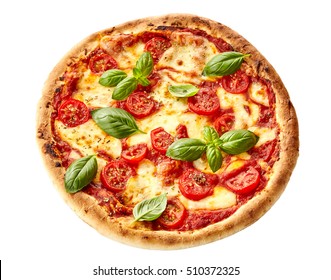 Tasty Homemade Margherita Italian Pizza On A Thick Pastry Crust Garnished With Fresh Basil, Overhead View Isolated On White