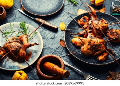 Tasty Homemade Quail Grilled On Skewers In Fruit Sauce.