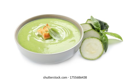 Tasty homemade zucchini cream soup isolated on white