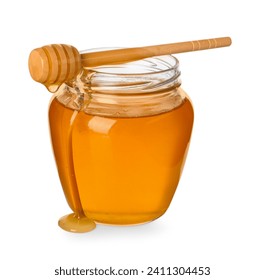 Tasty honey in glass jar and dipper isolated on white - Powered by Shutterstock