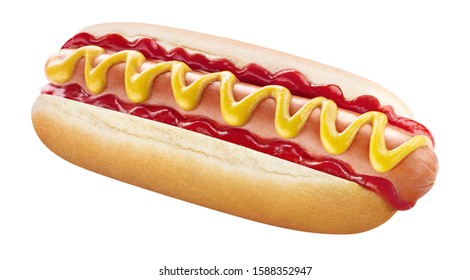 Tasty hot dog with mustard and ketchup, isolated on white background