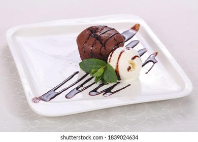 Tasty Hot Muffin With Ice Cream Served Mint