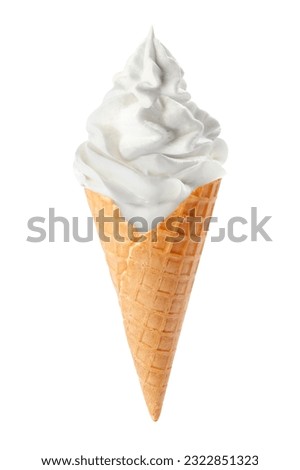 Tasty ice cream in waffle cone isolated on white. Soft serve