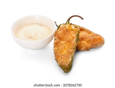 Tasty Jalapeno Poppers With Sauce On White Background