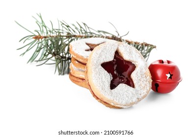Tasty Linzer cookies on white background
