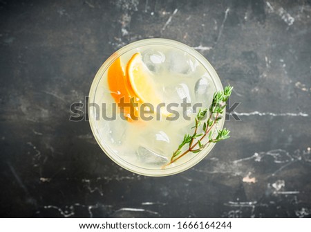 Tasty and little  bitter lemon cocktail with slice of fresh lemon and thyme. Selective focus. Shallow depth of field.