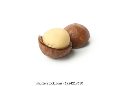 Tasty macadamia nuts isolated on white background