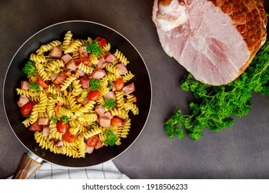 Tasty Macaroni With Vegetables And Cut Ham. Top View.