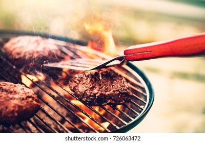 Tasty Meat On The Grill Outdoors, Preparing Barbecue Pork For Burgers, Traditional Summer Food Cookout, Good Food For Party Outdoor