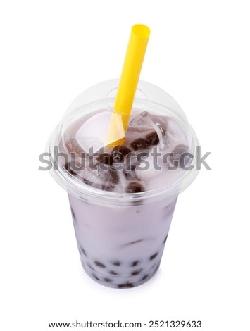 Tasty milk bubble tea in plastic cup isolated on white