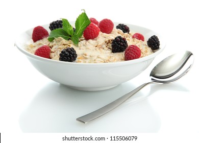 Tasty Oatmeal With Berries, Isolated On White