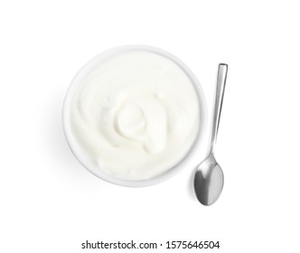 Tasty Organic Yogurt In Bowl And Spoon Isolated On White, Top View