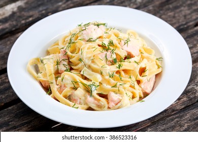 Tasty Pasta With Salmon, Dill On Plate