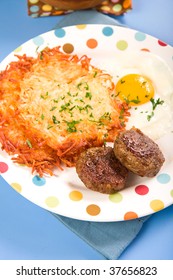 Tasty Patty Sausage  With Egg And Crispy Hash Browns