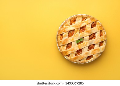 Tasty peach pie on color background - Shutterstock ID 1430069285