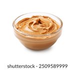 Tasty peanut butter in bowl isolated on white