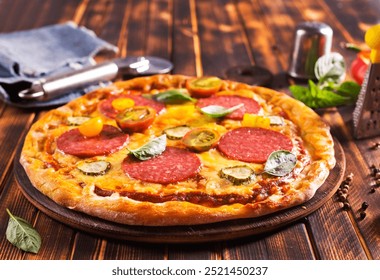 Tasty pepperoni pizza with basil and pickled cucumber on wooden table - Powered by Shutterstock