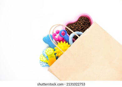 Tasty Pet Food And Accessories On White Background Delivery Copy Space