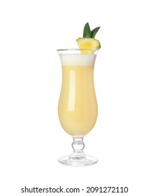 Tasty Pina Colada Cocktail On White Background