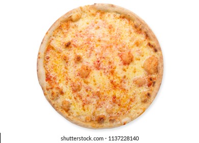 Tasty Pizza Margherita With Cheese And Tomato Sauce. Isolated On White. View From Above. 