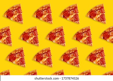 Tasty Pizza Pattern. Piece Of Pepperoni Pizza Pattern On Yellow Background. 