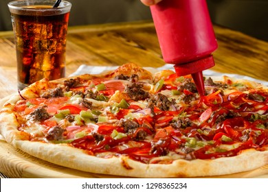 Tasty Pizza Is Watered With Ketchup, Ketchup Pouring On Pizza