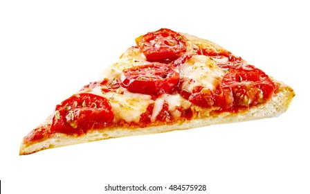 Tasty Plain Margherita Italian Pizza Slice With Fresh Cherry Tomatoes On Melted Mozzarella Cheese On A Thin Pie Crust, On White