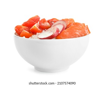 Tasty poke bowl with salmon and vegetables on white background