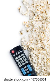 Tasty Popcorn And Tv Remote Control. Top View.