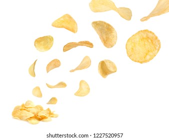 Tasty Potato Chips Falling On White Background