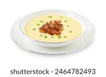 Tasty potato soup with bacon and green onion in bowl isolated on white