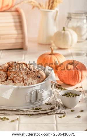 Tasty pumpkin bread made of squash seeds. Homemade bread in bakehouse.