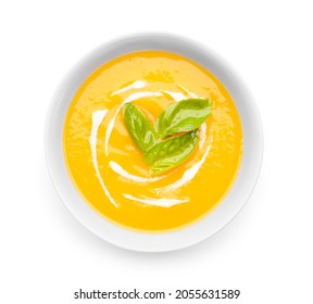 Tasty Pumpkin Cream Soup In Bowl On White Background