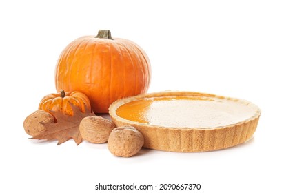 Tasty Pumpkin Pie On White Background