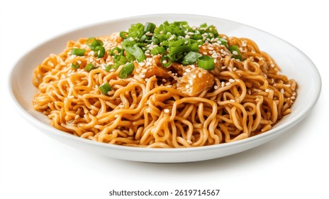 Tasty ramen noodles isolated white backdrop