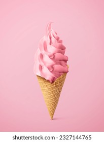 Tasty raspberry or strawberry ice cream in waffle cone on pastel pink background. Soft serve