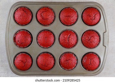 Tasty Red Velvet Cupcakes In Oven Pen. Top View.