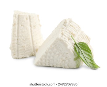 Tasty ricotta (cream cheese) and basil isolated on white - Powered by Shutterstock