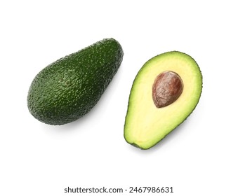 Tasty ripe avocados on white background