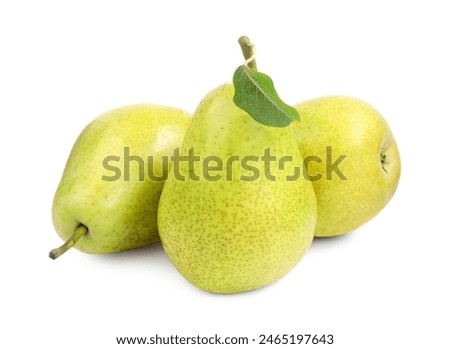 Tasty ripe pears with leaf on white background