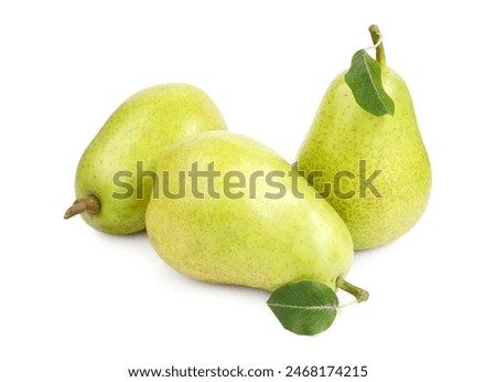 Tasty ripe pears with leaf on white background