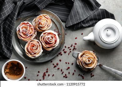 Tasty Rose Shaped Apple Pastry On Table