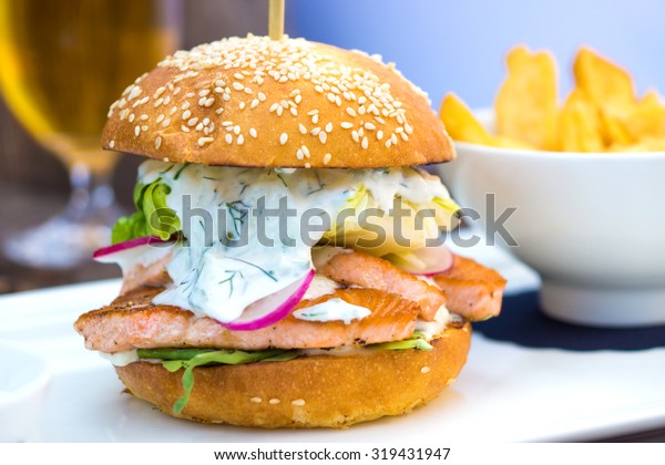     Tasty salmon fish burger
