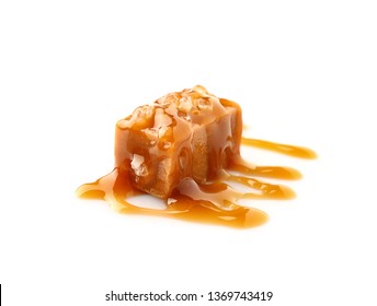 Tasty Salty Caramel Candy On White Background