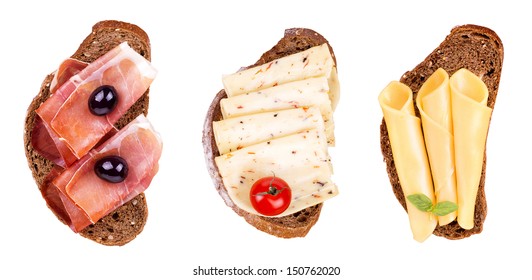 Tasty Sandwich With Bread, Vegetables, Cheese And Meat Isolated On A White Background